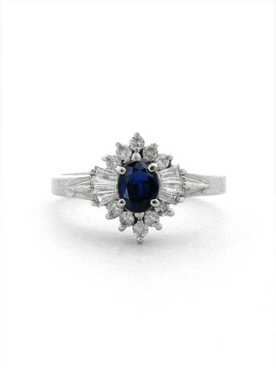 Stones & Gold Rings | Blue Sapphire And Round & Baguette Diamond Engagement Solid Gold (14Kw) Colored Stone Ring