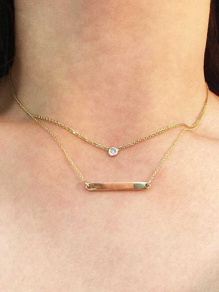 Stones & Gold Necklaces | Set: Diamond Pendant Solid Gold (14Ky) Necklace And Bar Solid 14Ky Chain Necklace