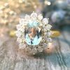 Stones & Gold Rings | Aquamarine And Diamond Halo Engagement Solid Gold (14Ky) Colored Stone Wedding Ring