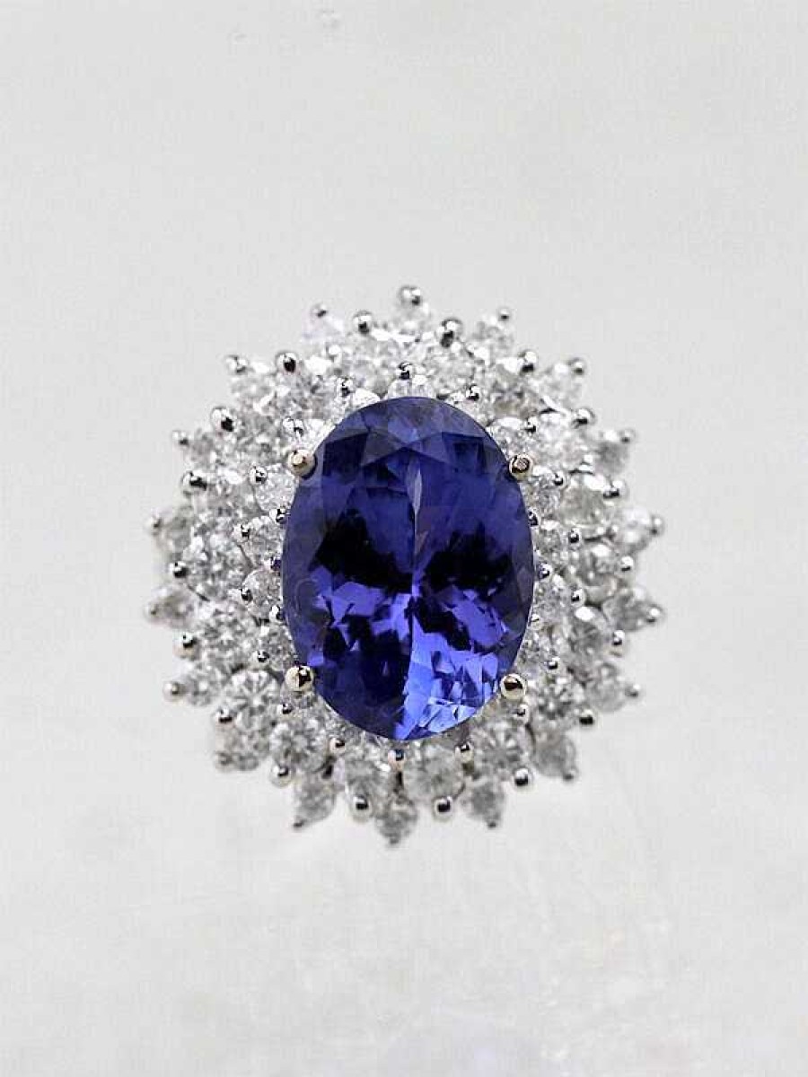 Stones & Gold Rings | 5.47Ct Natural Tanzanite Trio Diamond Halo 14K Cocktail Ring