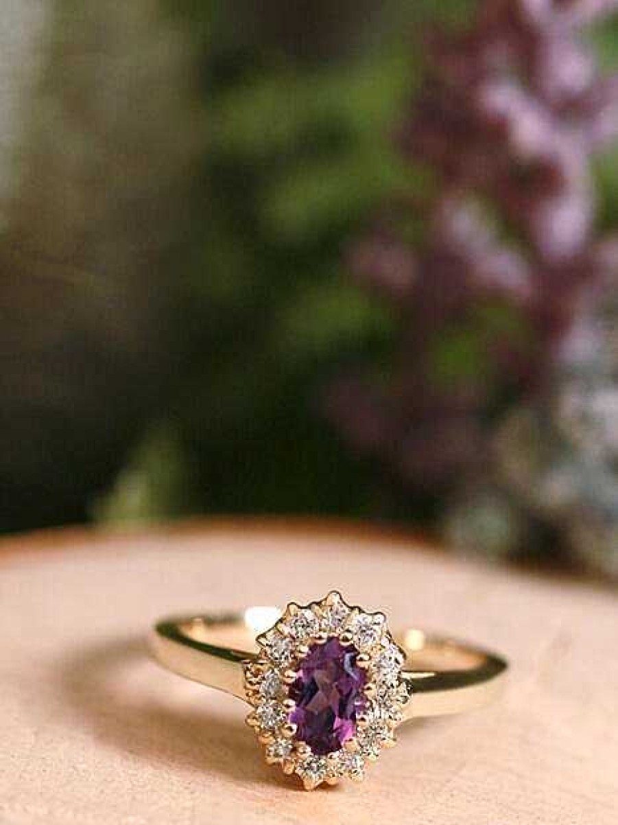 Stones & Gold Rings | Amethyst And Diamond Halo Engagement Ring | Prong Setting | Polished Finish | Solid 14K Gold