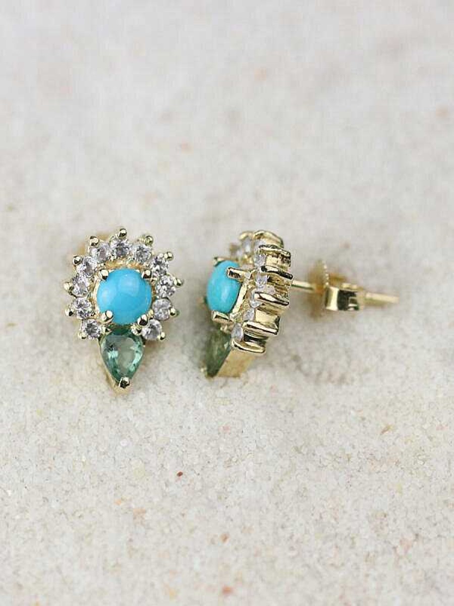 Stones & Gold Earrings | Turquoise And Tourmaline Solid 14 Karat Droplet Earrings