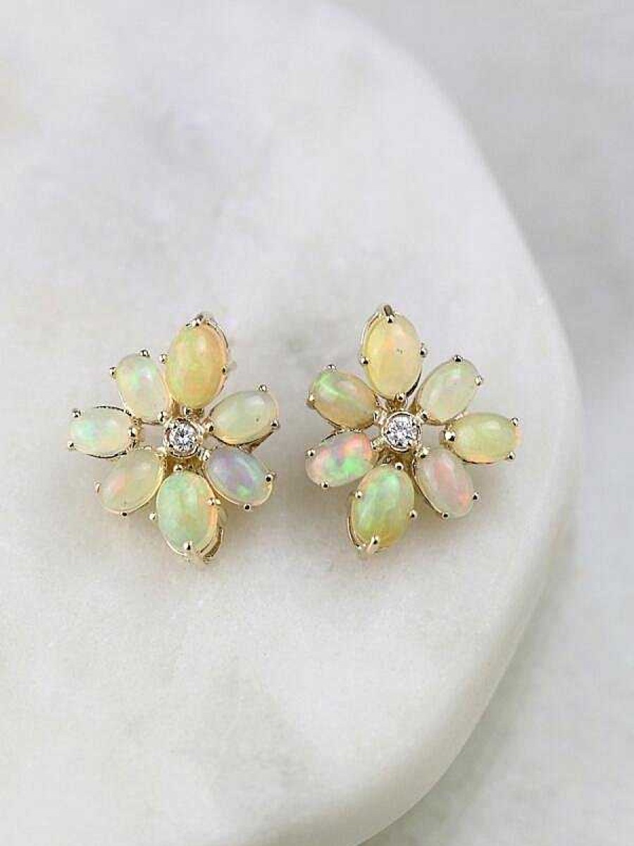 Stones & Gold Earrings | 18X22Mm Opal And Diamond Cluster Stud Solid 14K Gold Colored Stone Earrings