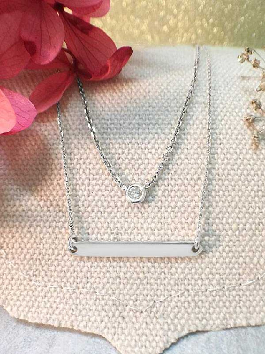 Stones & Gold Necklaces | Set: Diamond Pendant Solid Gold (14Kw) Necklace And Bar Solid 14Kw Chain Necklace