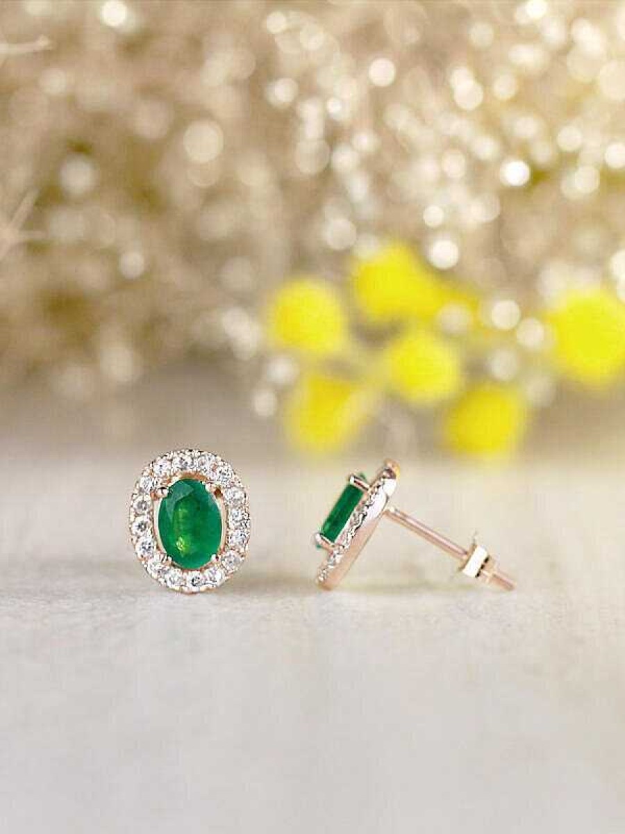 Stones & Gold Earrings | Emerald And Diamond Halo Stud Solid Gold (14Kr) Colored Stone Earrings