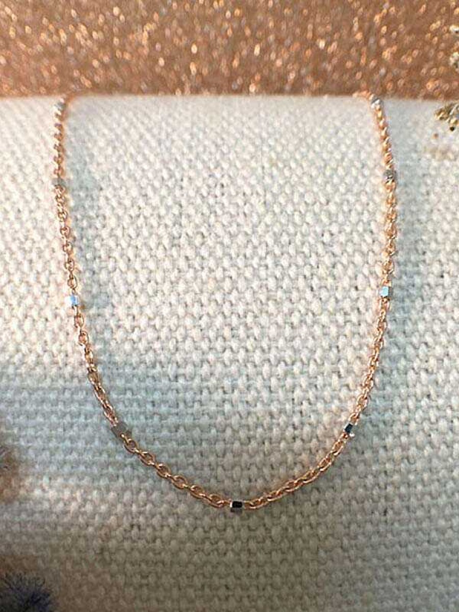 Stones & Gold Necklaces | Link Chain Necklace With Square Cubes | Solid Gold Chain | Rose Gold Chain | 18 Inches | Spring Lock | Fine Jewelry | Free Shipping