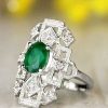 Stones & Gold Rings | 8X6Mm Natural Emerald And Diamond Art Deco Vintage Inspired Design Solid 14 Karat Gold Engagement Ring