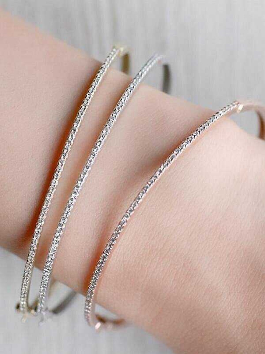 Stones & Gold Bracelets & Anklets | Set: 1.6Mm Tri-Tone Dainty Diamond Solid 14 Karat Gold Bangles