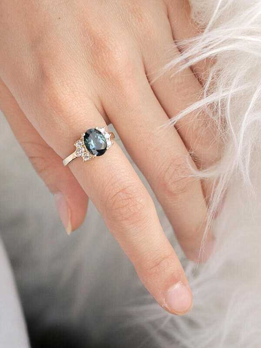 Stones & Gold Rings | Blue-Grey Lightening Tourmaline And Diamond Solid 14 Karat Gold Ring