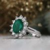 Stones & Gold Rings | 10 X 8Mm Natural Emerald 1.0Ct Diamond Solid 14 Karat Gold Halo Ring