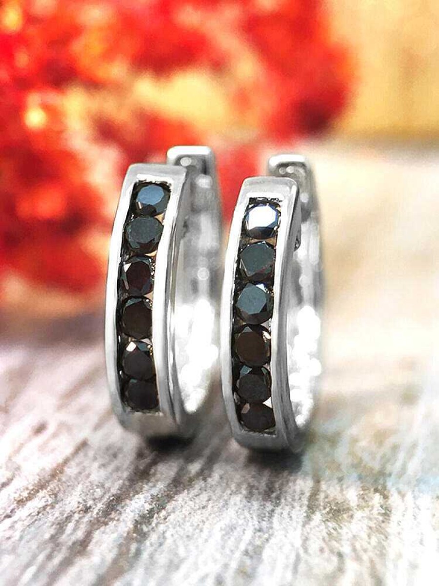 Stones & Gold Earrings | 16Mm Black Diamond Huggie Hoop Earrings