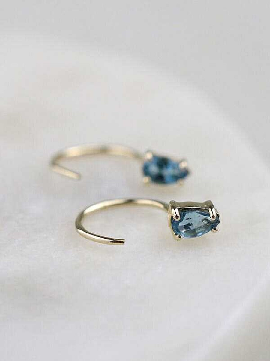 Stones & Gold Earrings | Teardrop Blue Topaz Solid 14 Karat Gold Open Huggie Earrings