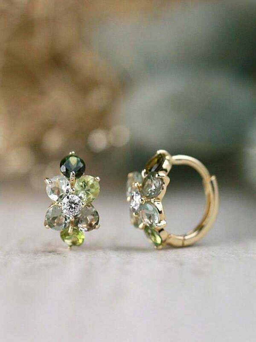 Stones & Gold Earrings | Natural Earthy Green Tourmaline And Diamond Cluster Solid 14 Karat Gold Huggie Hoop Earrings