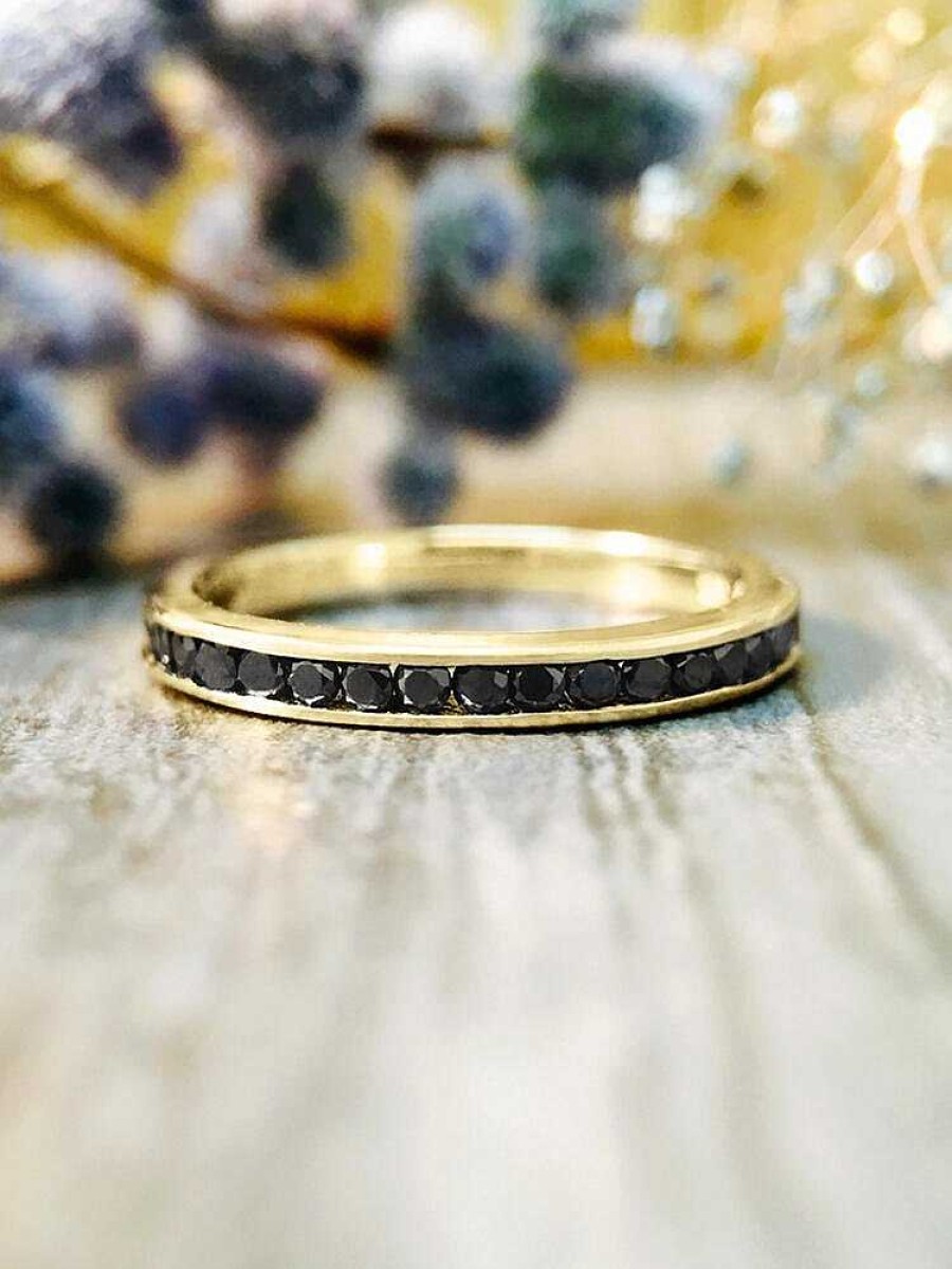 Stones & Gold Rings | 2.3Mm Black Diamond Wedding Band Solid Gold (14Kr) Stackable Women'S Engagement Ring