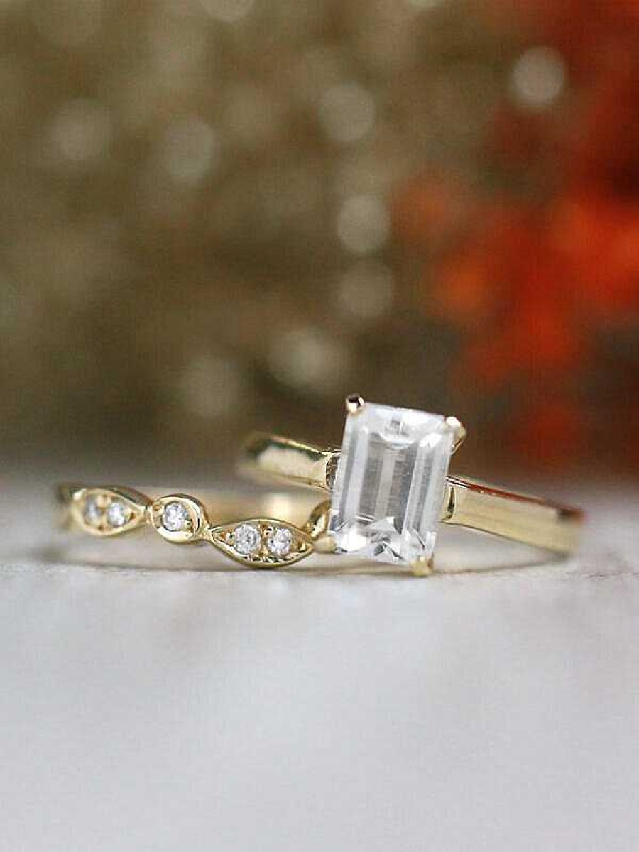 Stones & Gold Rings | Set: 7X5Mm White Topaz Solitarie Solid 14 Karat Gold Ring + Diamond Bezel V Solid 14 Karat Gold Band