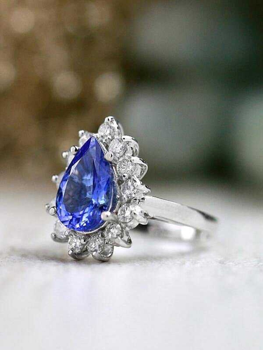 Stones & Gold Rings | One-Of-A-Kind: Tanzanite And Diamond Halo Engagement Solid Gold (14Kw) Estate Ring