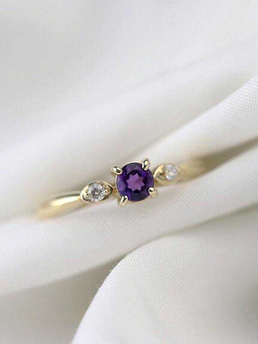 Stones & Gold Rings | Amethyst And Diamond Ring | Gemstone Engagement Ring | 4X4Mm Purple Amethyst Ring | Solid 14K Gold | Fine Jewelry | Free Shipping