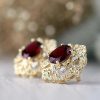 Stones & Gold Earrings | 9X7Mm Oval Rhodolite Garnet Filigree Patterned Solid 14 Karat Gold Earrings