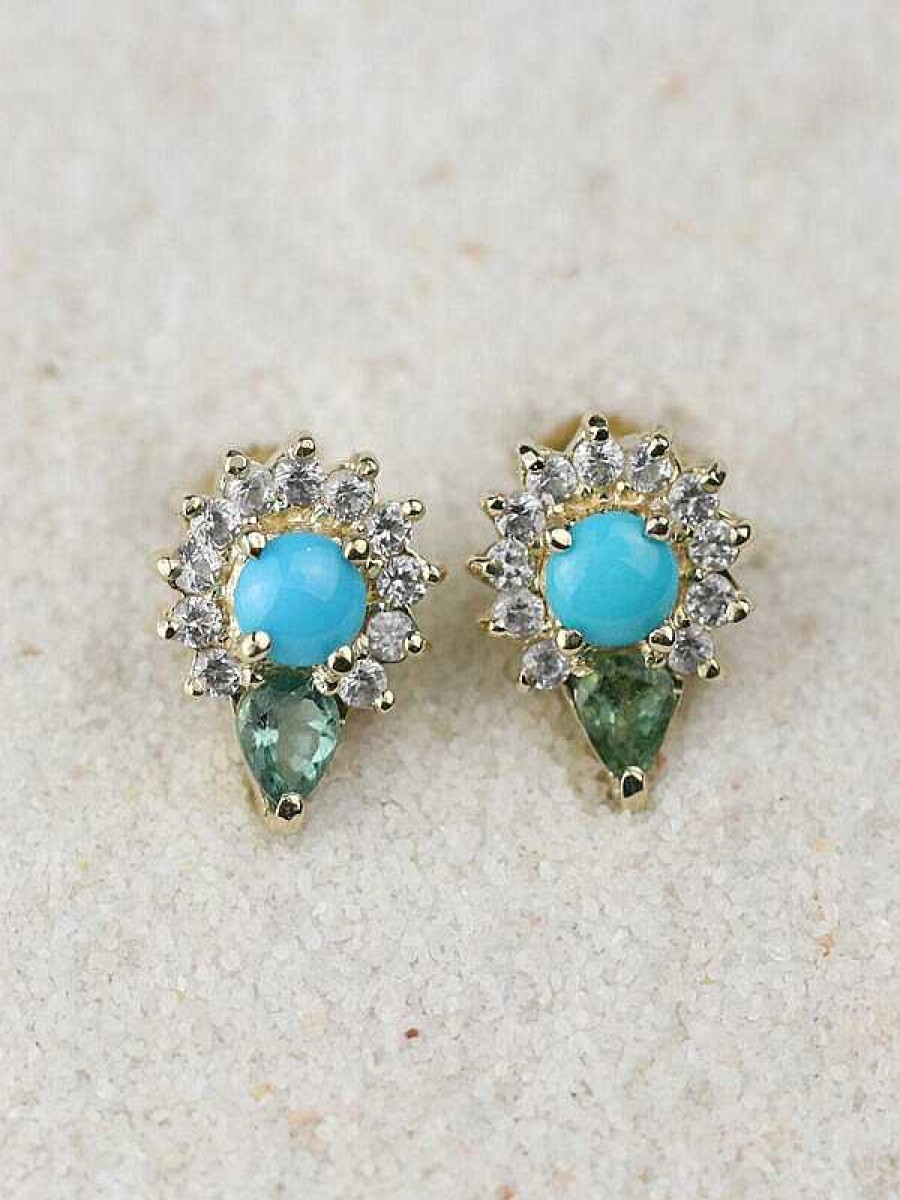 Stones & Gold Earrings | Turquoise And Tourmaline Solid 14 Karat Droplet Earrings