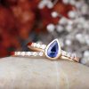 Stones & Gold Rings | Pear Shaped Blue Sapphire Bezel Engagement Ring And 1.5Mm Diamond Band Set