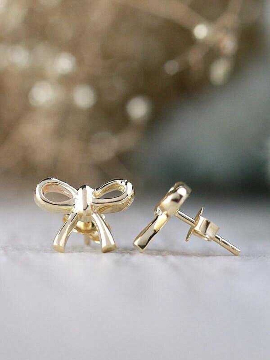 Stones & Gold Earrings | 9X12Mm Whimsical Ribbon Bow Solid 14K Gold Minimalist Stud Earrings