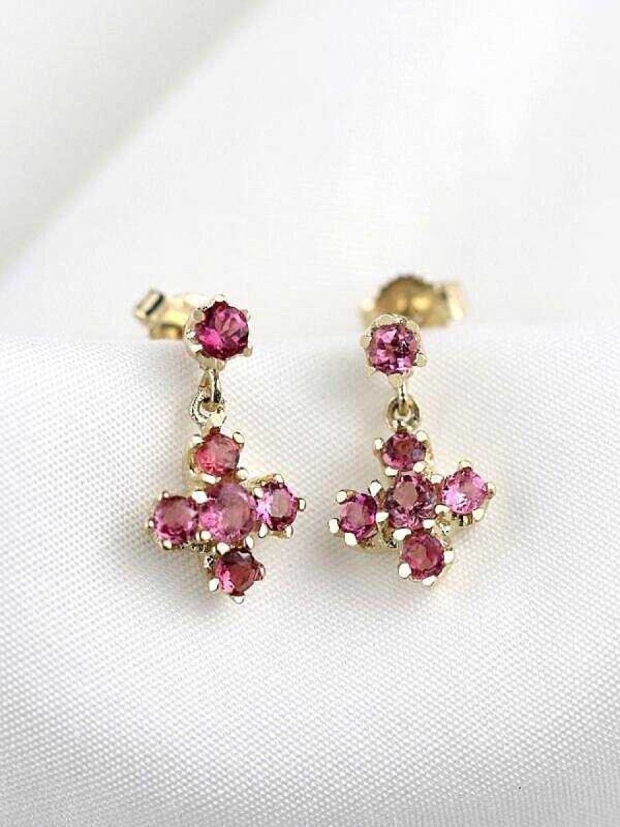 Stones & Gold Earrings | Pink Tourmaline Dangle Earrings | Solid 14K Gold | Gemstone Earring | Cross | October Birthstone | Push Back | Fine Jewelry | Free Shipping