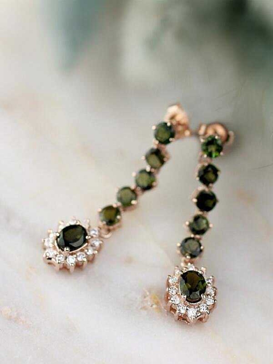 Stones & Gold Earrings | Green Tourmaline And Diamond Halo Dangle Solid Gold (14Kw) Colored Stone Earrings