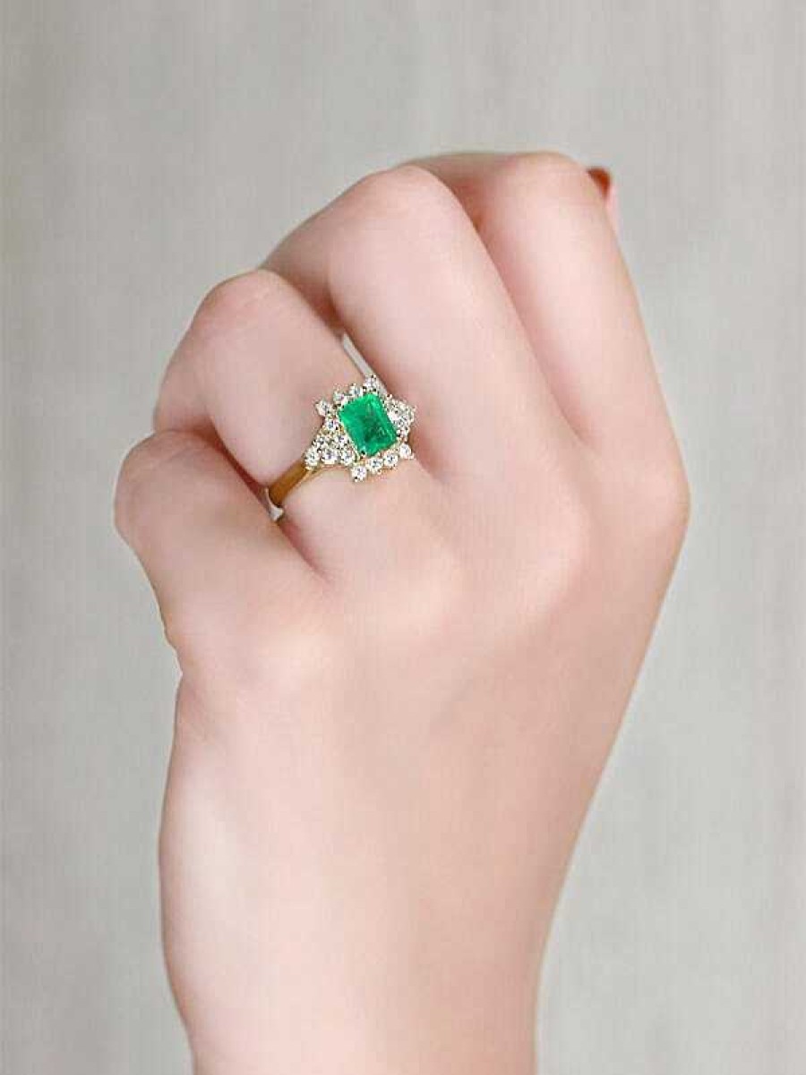 Stones & Gold Rings | Natural Emerald And Emerald Cut Cluster Solid 14 Karat Gold Cocktail Ring