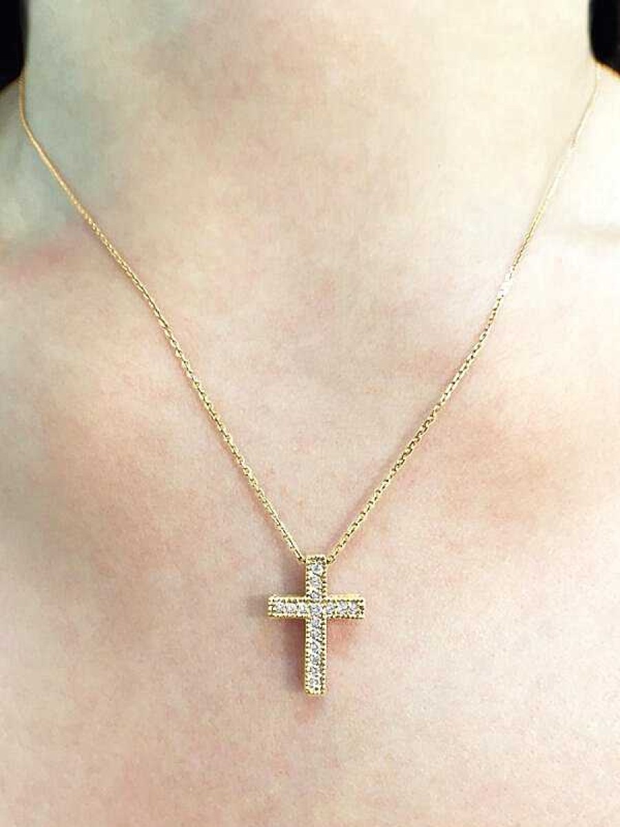 Stones & Gold Necklaces | Cross Diamond Pendant Solid Gold (14Ky) With Bonus 14Ky Chain Religious Necklace