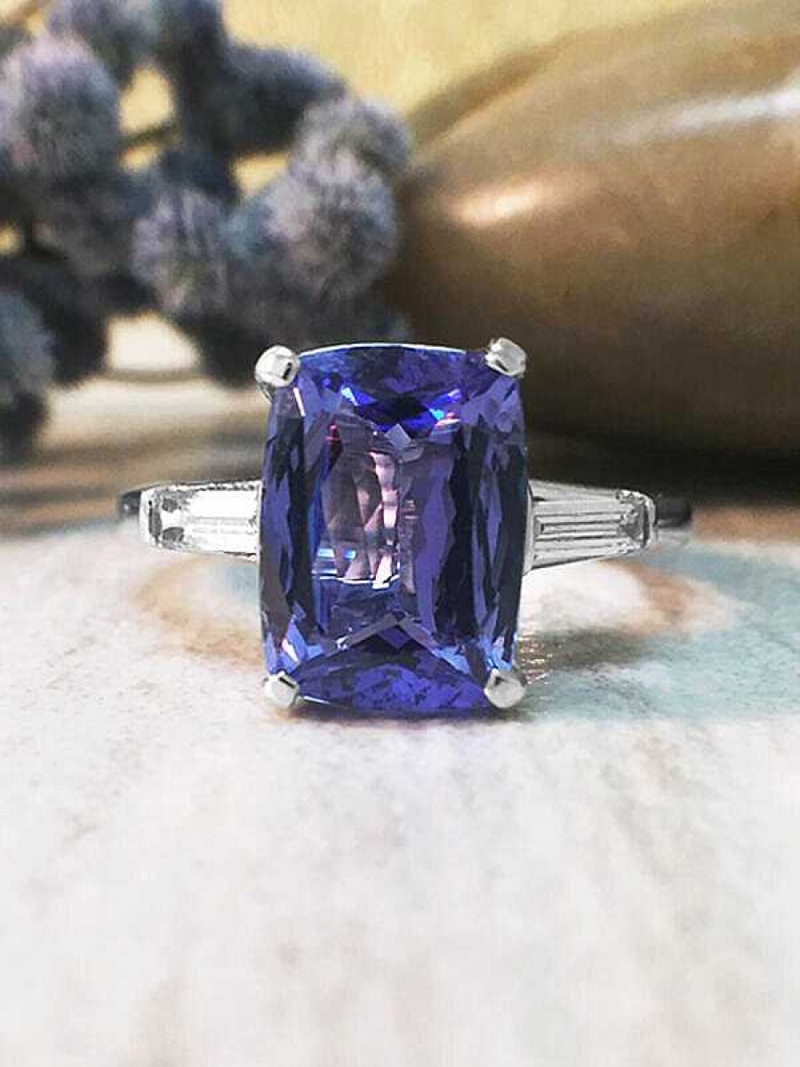 Stones & Gold Rings | Tanzanite And Baguette Diamond Cocktail Solid Gold (14Kw) Colored Stone Estate Ring