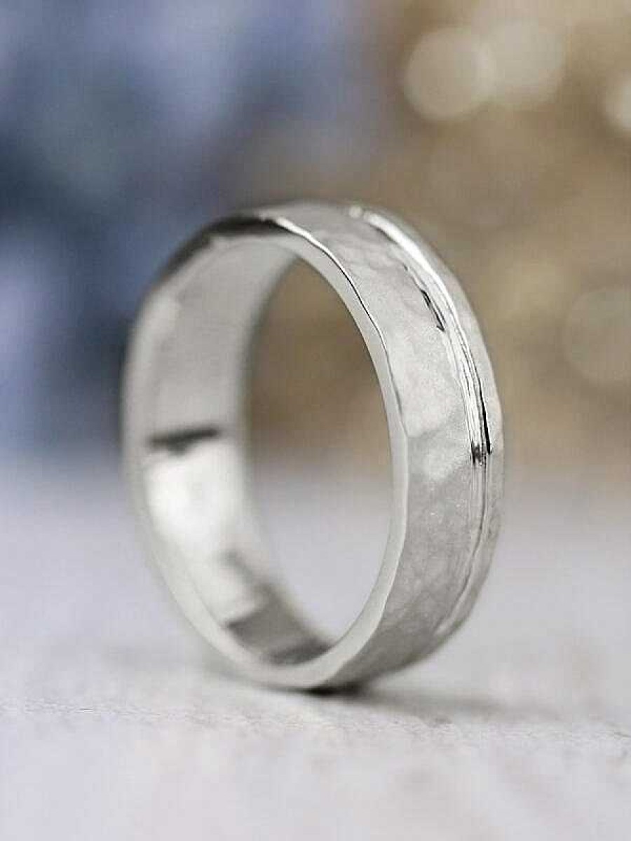 Stones & Gold Wedding Bands | Men'S Hammered Matte Solid 14 Karat Gold Wedding Band