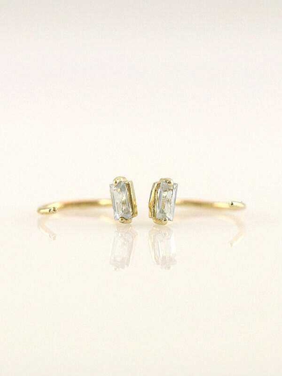 Stones & Gold Earrings | Baguette White Sapphire Solid 14K Gold Open Huggie Earrings