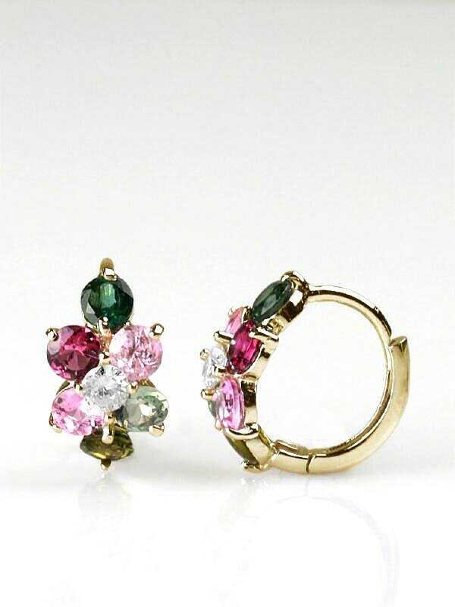 Stones & Gold Earrings | Natural Multicolor Tourmaline And Diamond Cluster Solid 14 Karat Gold Huggie Hoop Earrings