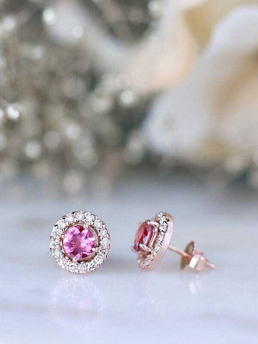 Stones & Gold Earrings | Pink Tourmaline And Diamond Halo Stud Solid Gold (14Kr) Colored Stone Earrings