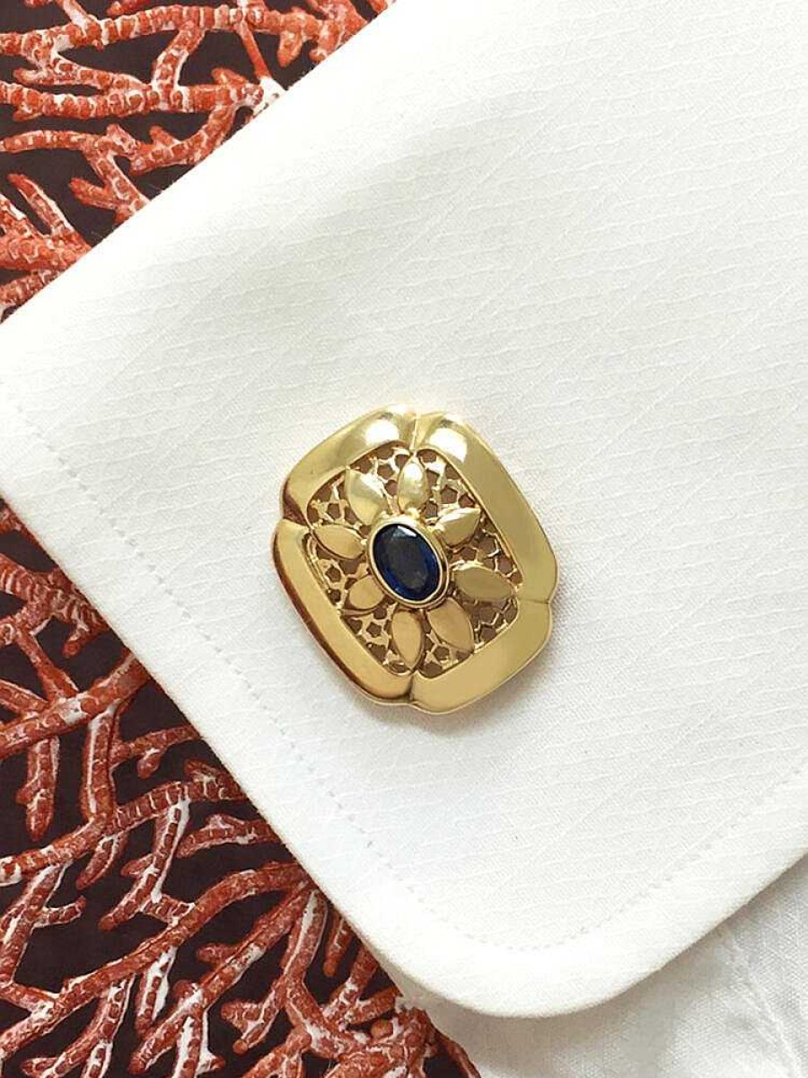 Stones & Gold Cuff Links | Blue Sapphire Shield Solid Gold (14Ky) Colored Stone Men'S Cufflink