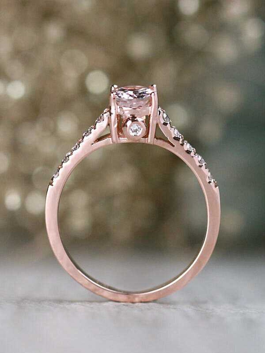 Stones & Gold Rings | 7X5Mm Morganite And Diamond Bezel Solid 14 Karat Gold Engagement Ring