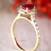 Stones & Gold Rings | 9X5Mm Natural Oval Ruby And Diamond Halo In Cathedral Setting Solid 14 Karat Gold Engagement Ring