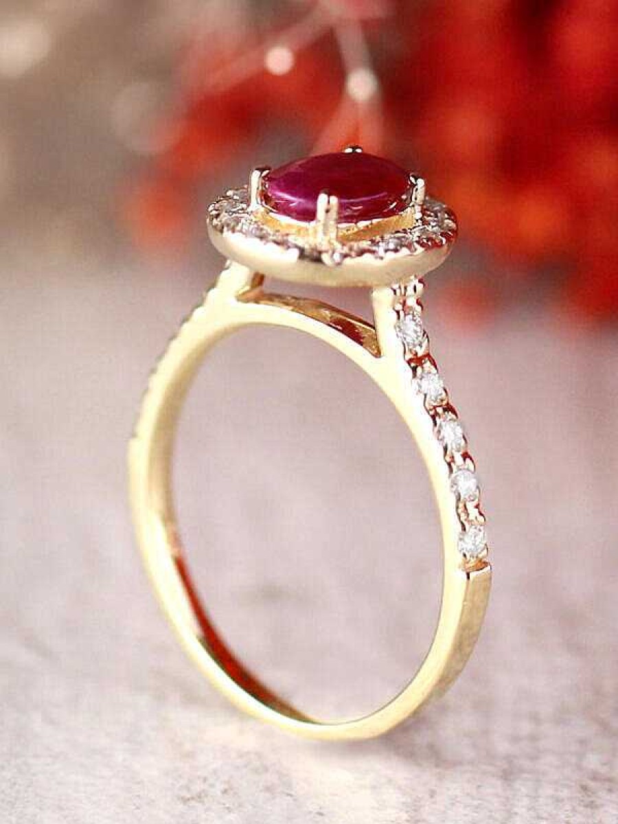 Stones & Gold Rings | 9X5Mm Natural Oval Ruby And Diamond Halo In Cathedral Setting Solid 14 Karat Gold Engagement Ring