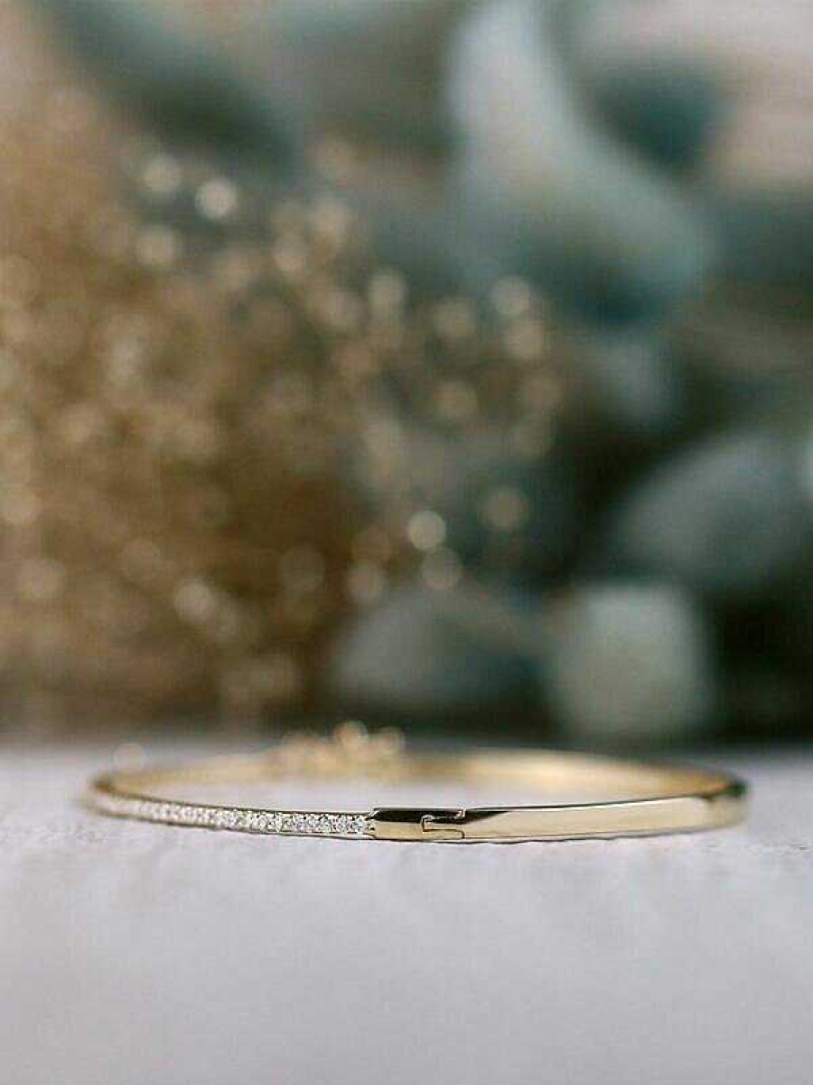 Stones & Gold Bracelets & Anklets | 1.6Mm Dainty Diamond Solid 14 Karat Gold Bangle