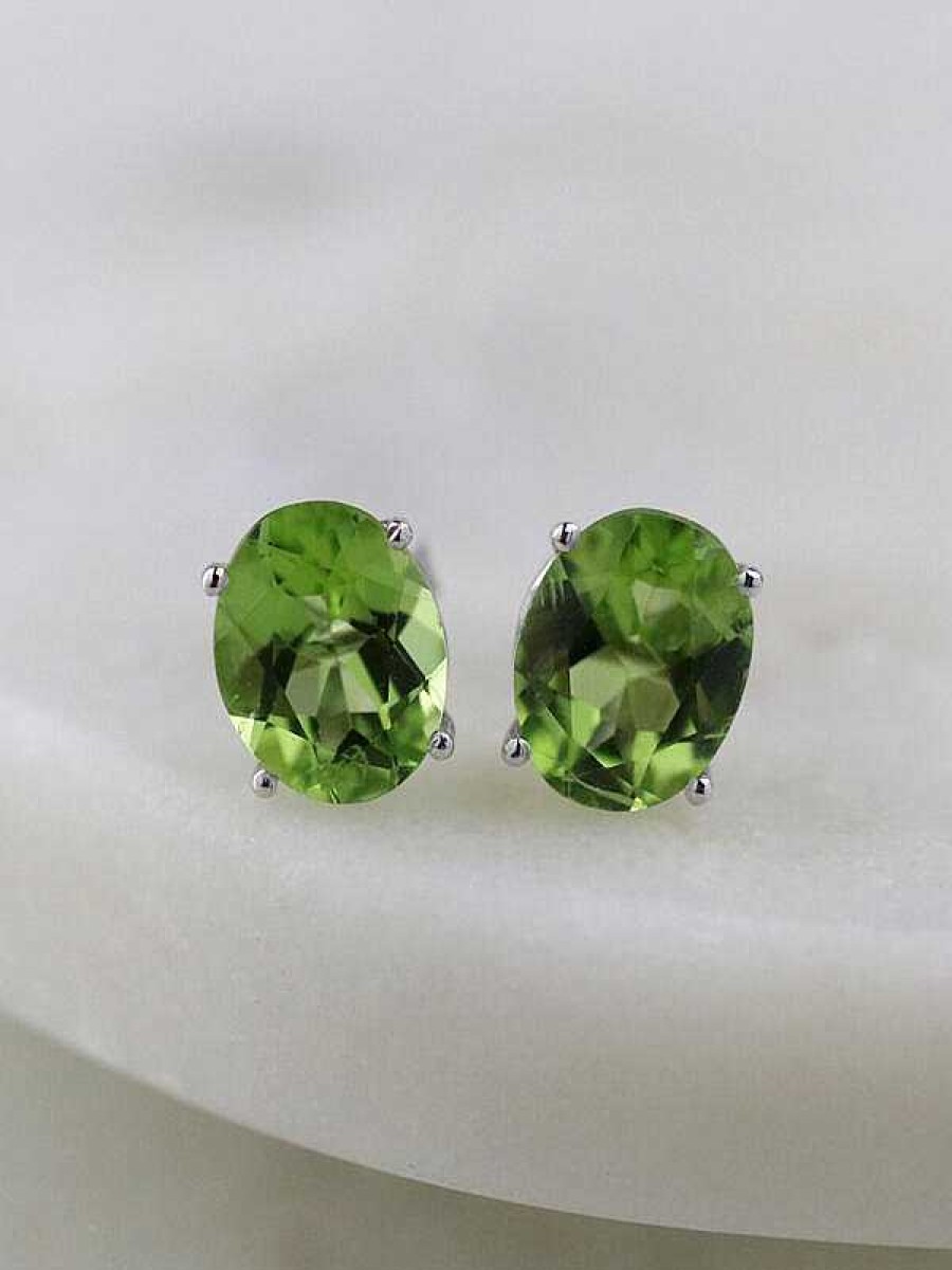 Stones & Gold Earrings | 9X7Mm Natural Peridot Solid 14 Karat Gold Stud Earring