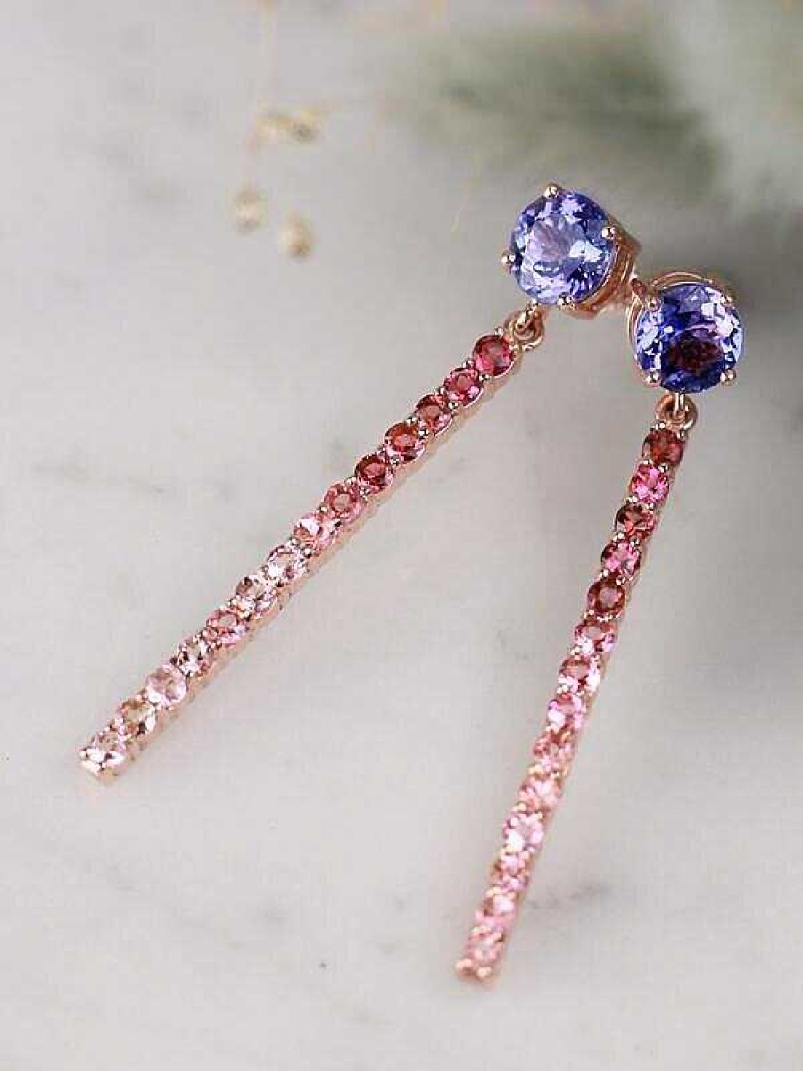 Stones & Gold Earrings | 2.80Ct Tanzanite With Natural Pink Ombre Solid 14 Karat Gold Bar Earrings