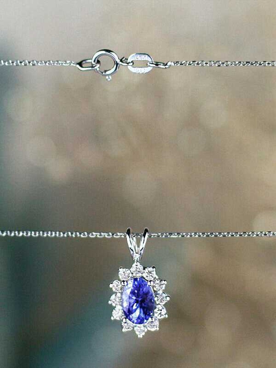 Stones & Gold Necklaces | 7X5Mm Oval Tanzanite Diamond Halo Solid 14 Karat Gold Pendant Necklace