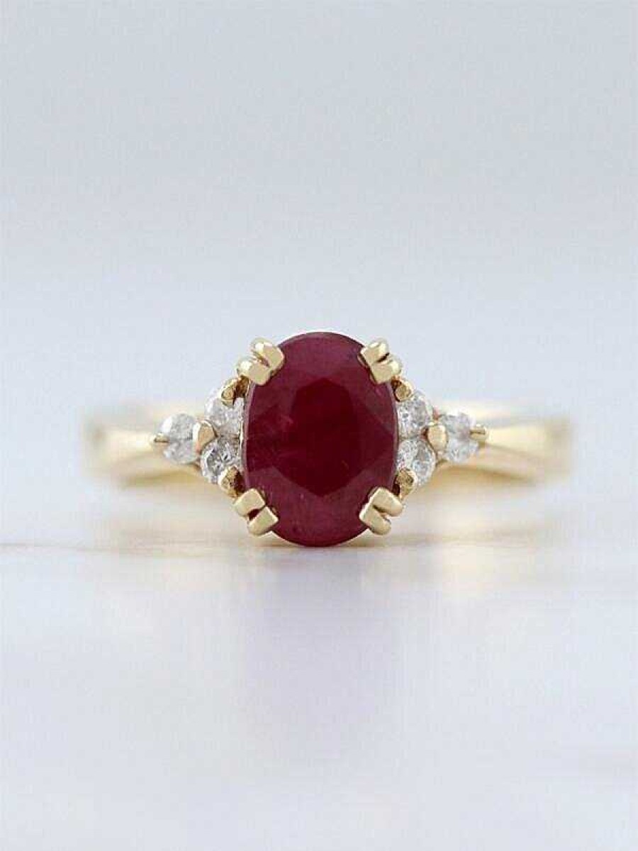 Stones & Gold Rings | 6X8Mm Ruby And Diamond Engagement Solid 14K Gold Wedding Ring