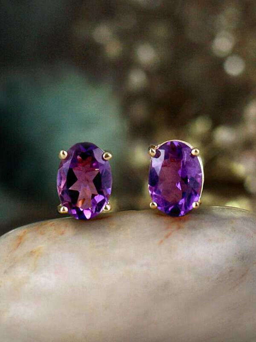 Stones & Gold Earrings | 7X5Mm Oval Amethyst Solid 14 Karat Stud Earrings