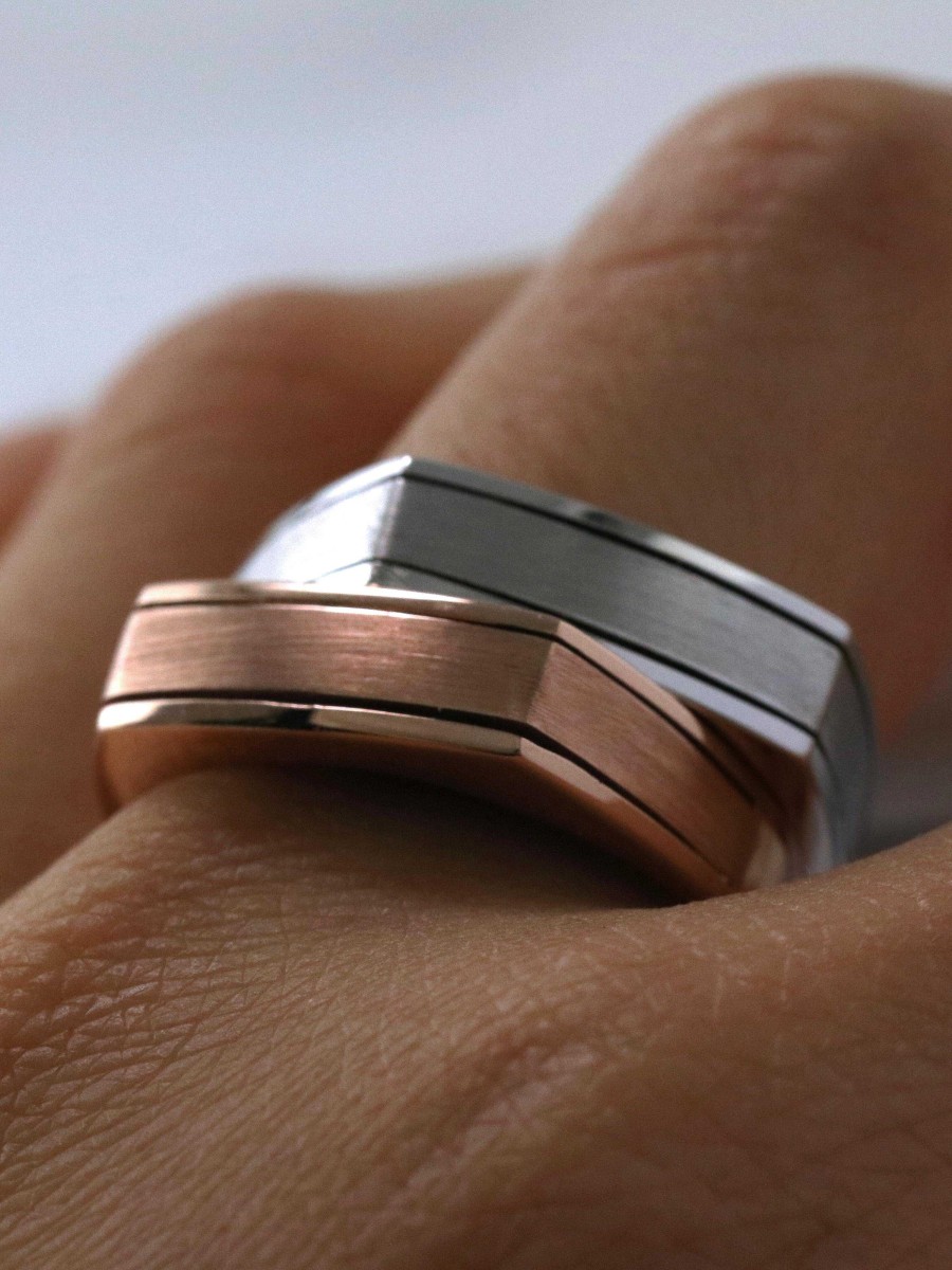 Stones & Gold Wedding Bands | Line Carved Angled Solid 14K Gold Ring