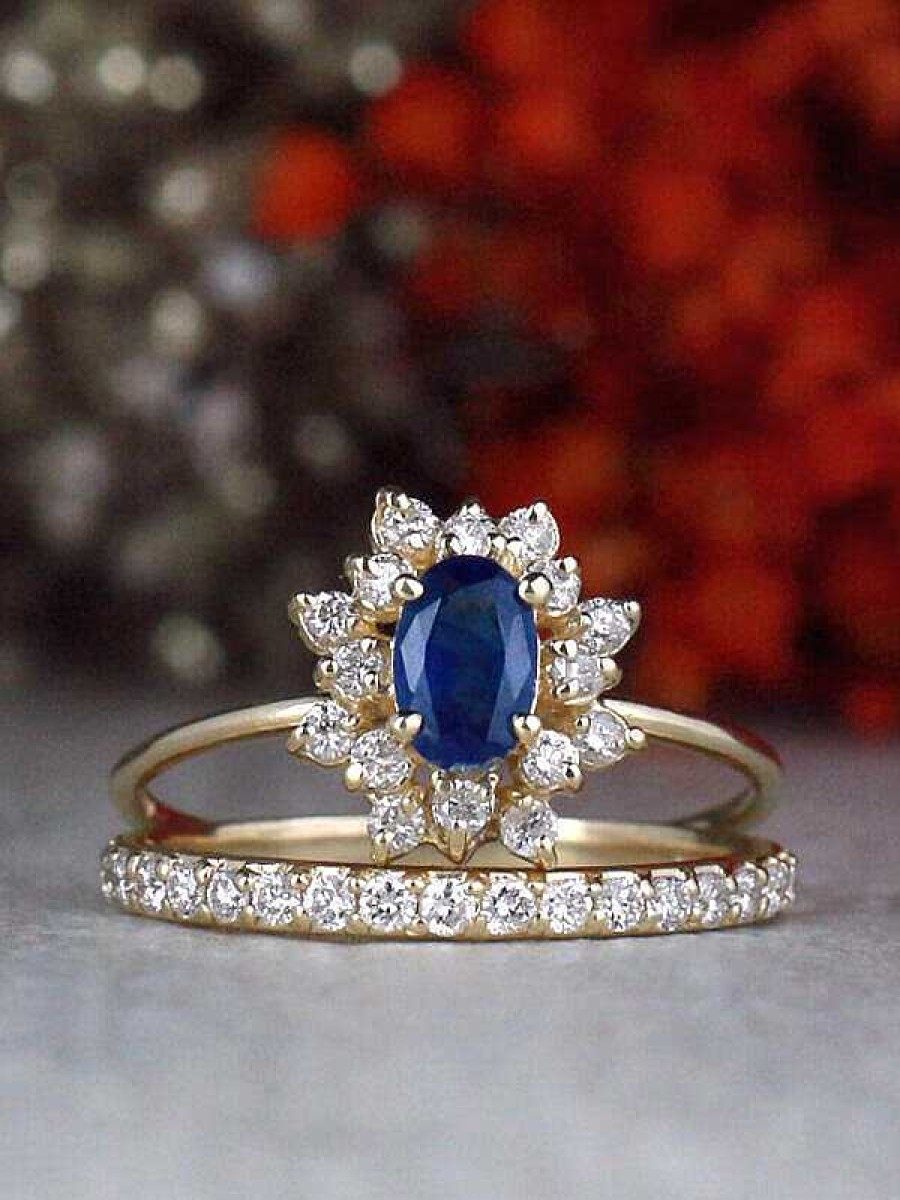 Stones & Gold Rings | Set: Blue Sapphire And Celestial Diamond Halo Ring And 1.9Mm Diamond 14K Gold Band