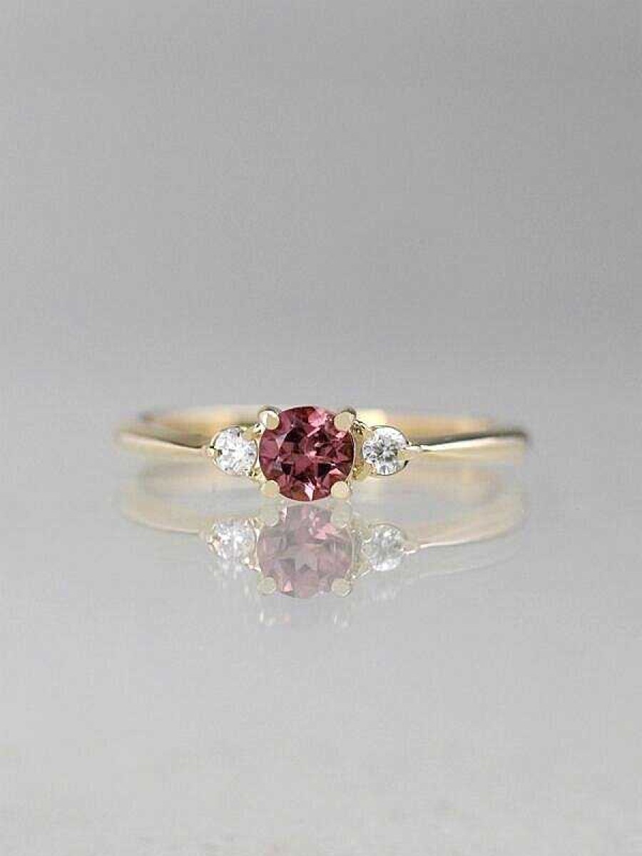 Stones & Gold Rings | 5X5Mm Pink Tourmaline And Diamond Engagement Solid Gold (14Kr) Colored Stone Wedding Ring