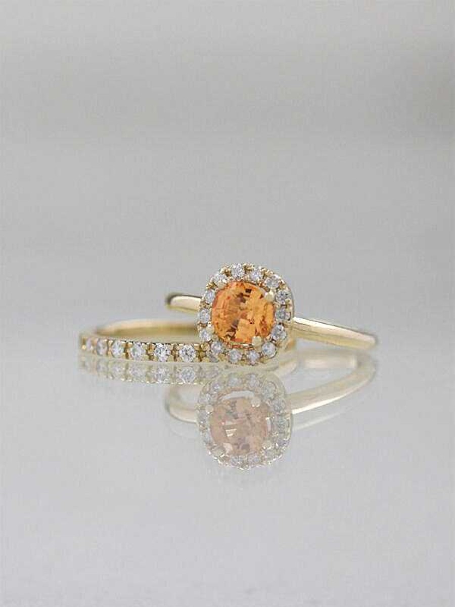 Stones & Gold Rings | Set: Peachy Orange Sapphire And Diamond Engagement Ring + 1.5Mm Diamond Band Solid 14 Karat Gold Ring Set