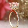 Stones & Gold Rings | Peachy Pink Cushion Cut Morganite Diamond Basket Halo Solid 14 Karat Gold Engagement Ring