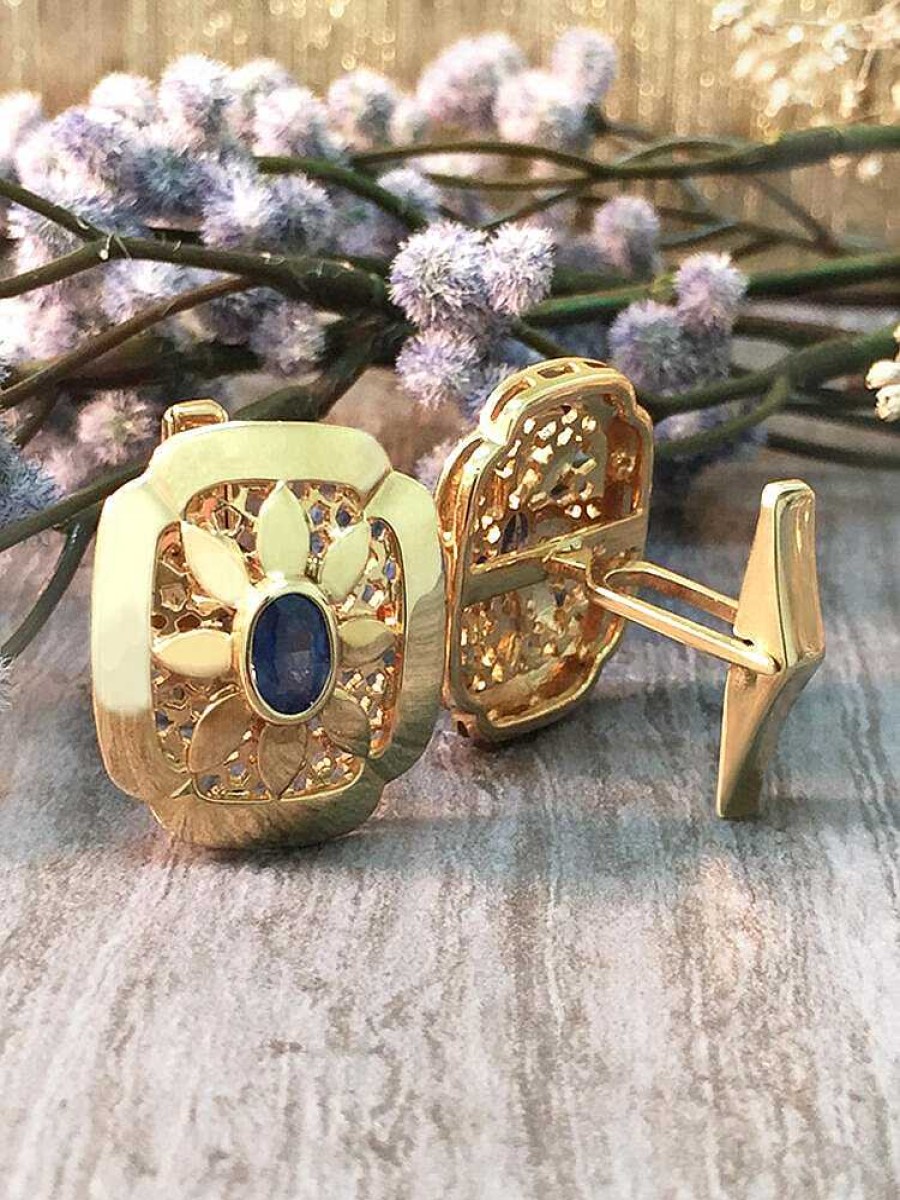 Stones & Gold Cuff Links | Blue Sapphire Shield Solid Gold (14Ky) Colored Stone Men'S Cufflink